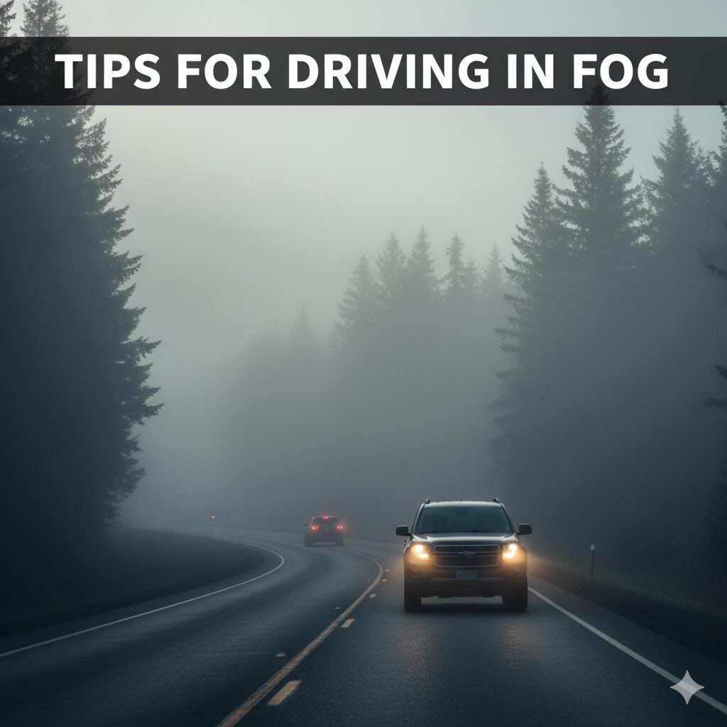 A car with its headlights on, driving slowly through dense fog.
