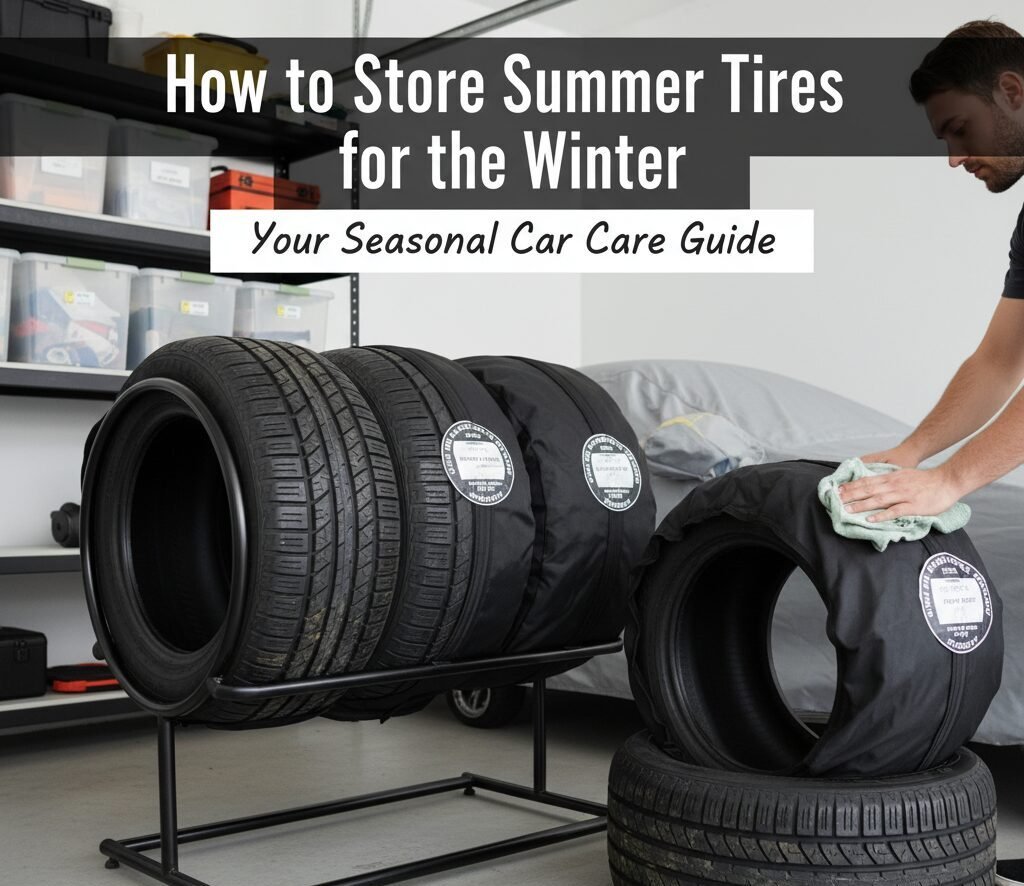 A clean, organized garage showing summer tires stacked correctly on a tire dolly, bagged and ready for storage.