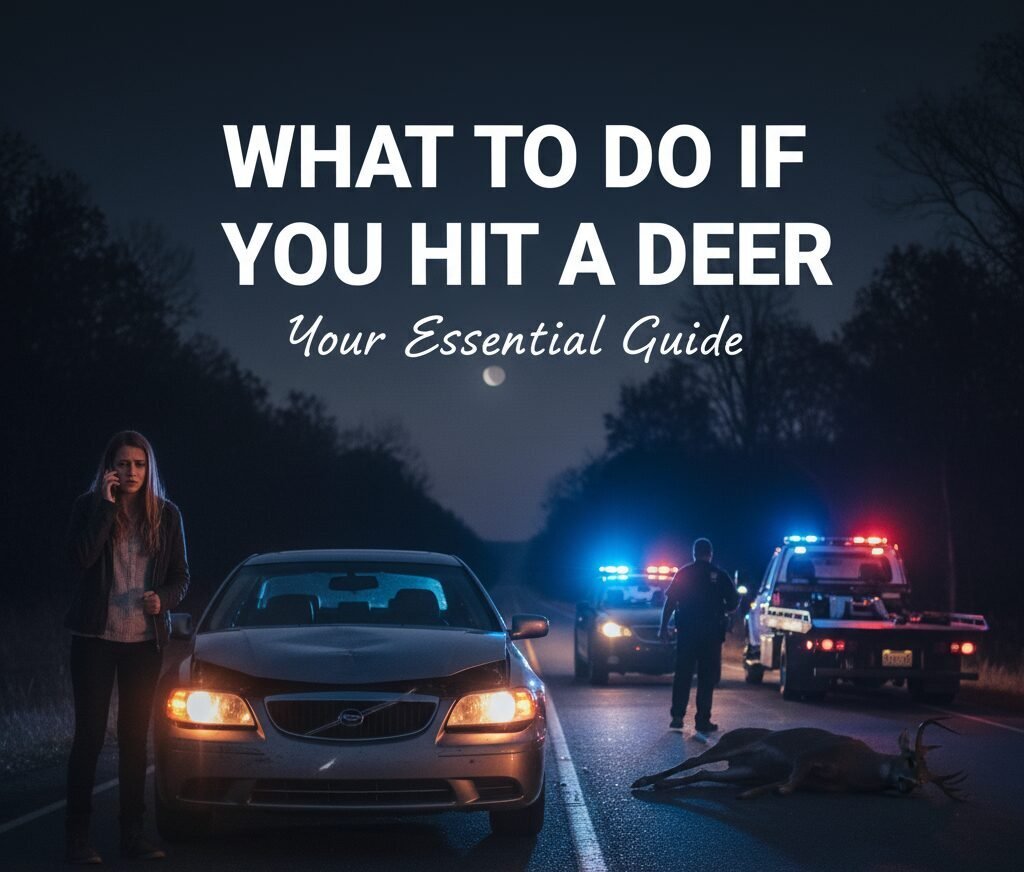A car on the side of a road with significant front-end damage from a deer collision.