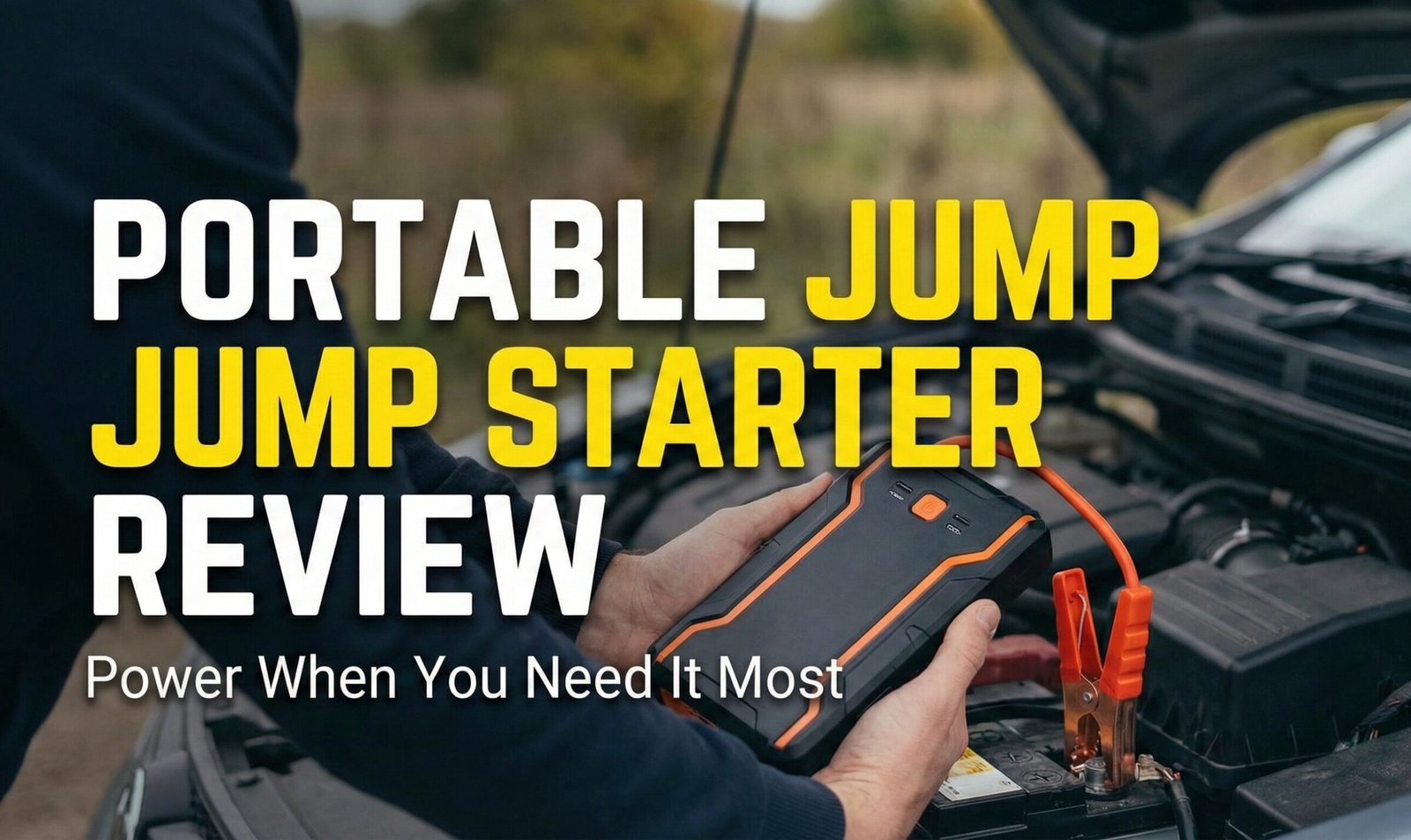 Mechanic using a portable jump starter on a car battery