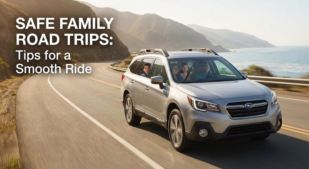 Family car driving safely on a scenic highway