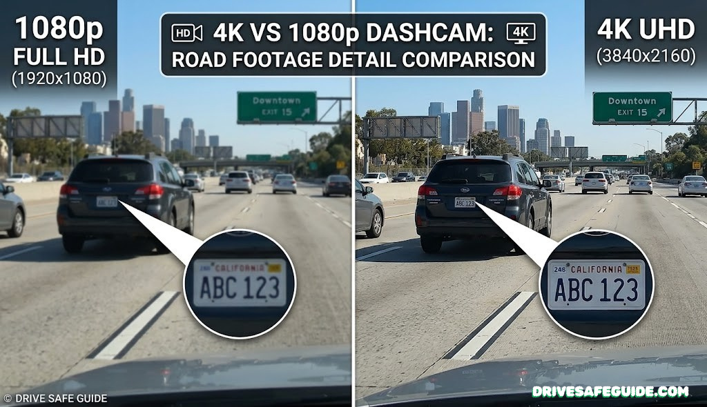 4K vs 1080p Dashcam comparison — road footage detail