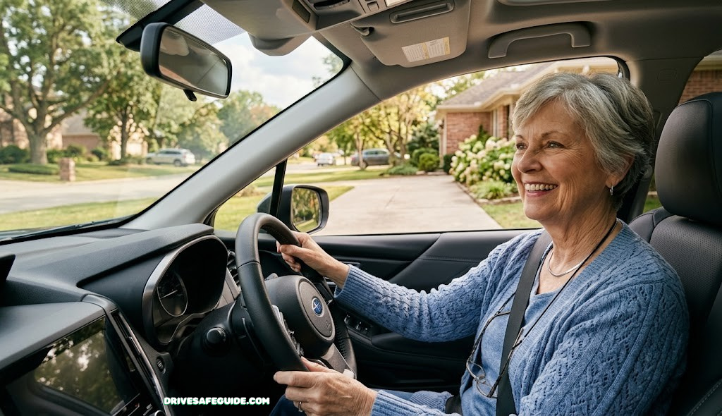 A senior woman sits confidently behind the wheel of her car, hands relaxed on the steering wheel, smiling as she checks her mirrors before pulling out of a driveway