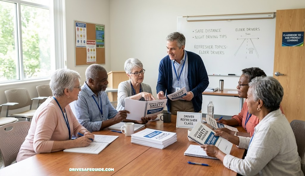 A small group of older adults sit around a table in a classroom setting, reviewing a driver safety handbook with an instructor during a refresher course