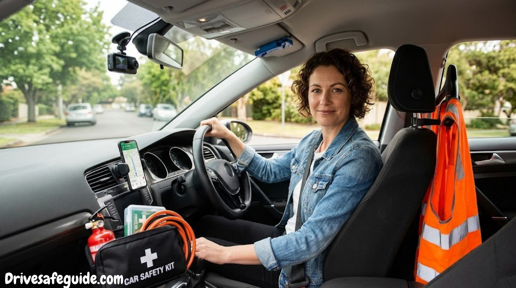 Well-organized car interior showing safety accessories including dash cam and phone mount