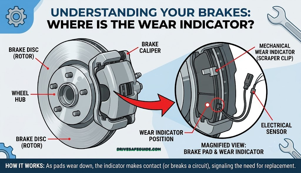 Brake disc and caliper assembly showing wear indicator position