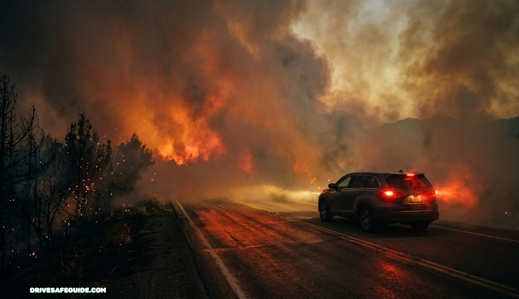Car driving through thick wildfire smoke on a dark highway
