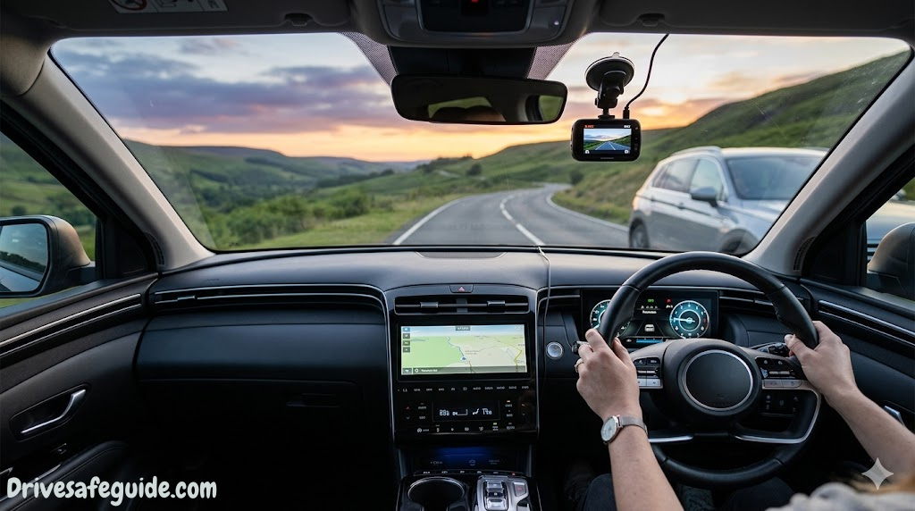 Car interior dashboard with dashcam mounted on windshield