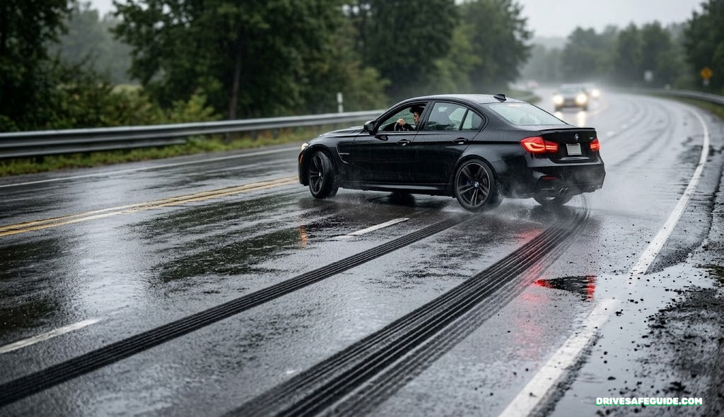 Car leaving black skid marks on wet asphalt road during emergency maneuver