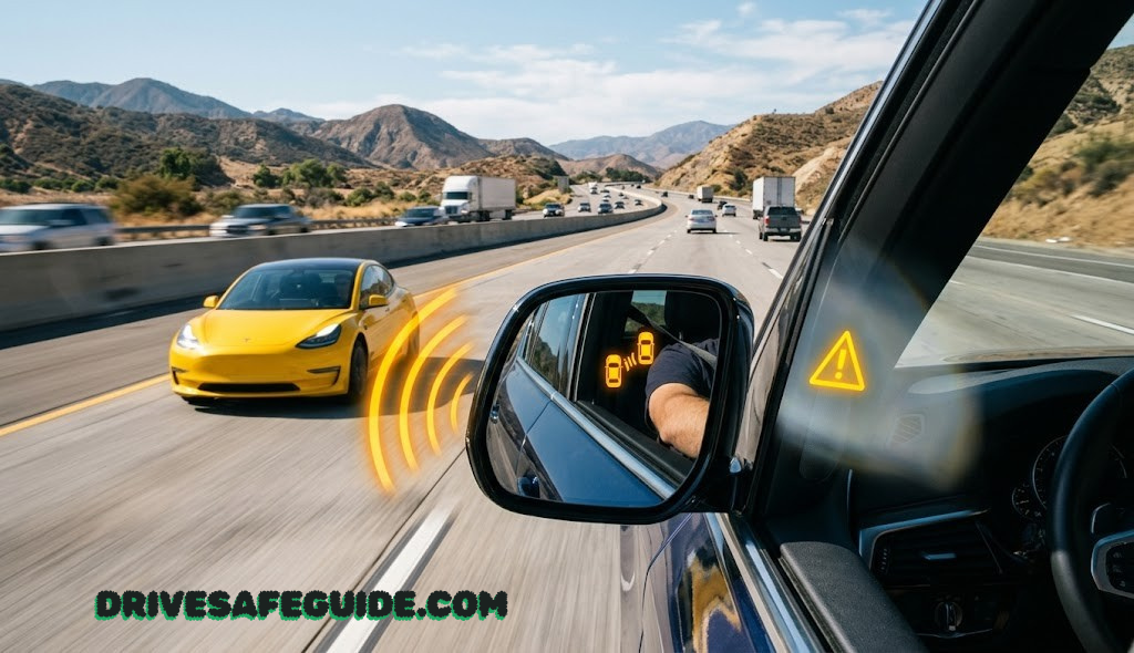 Car on highway with blind spot monitoring sensor visualization