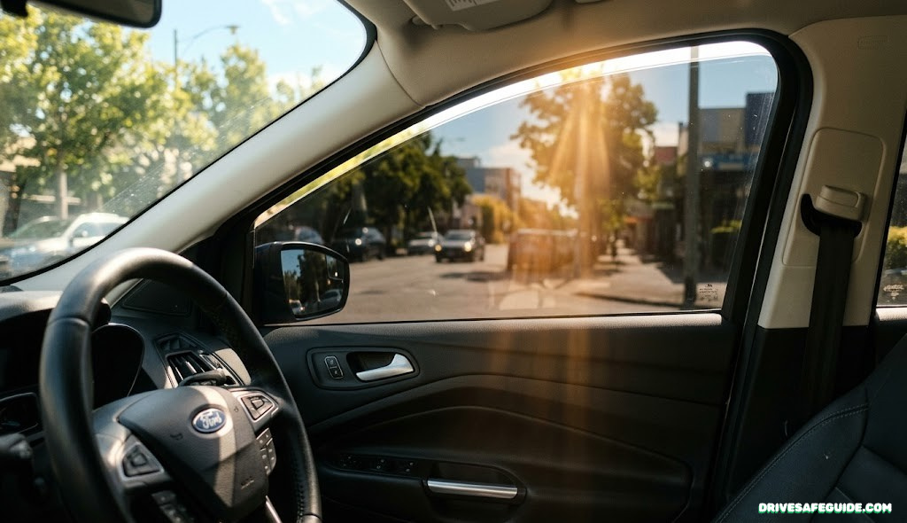 Car window with professionally applied dark tint film, sunlight filtering through