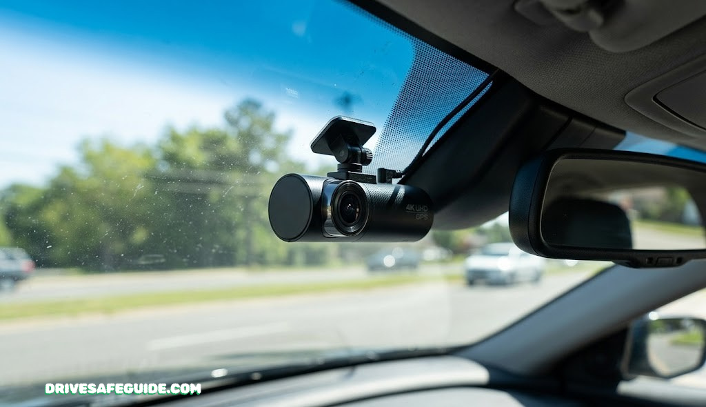 Close-up of a 4K dashcam mounted on a windshield
