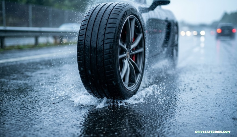 Close-up of car tire on wet road with water spray and hydroplaning effect visible