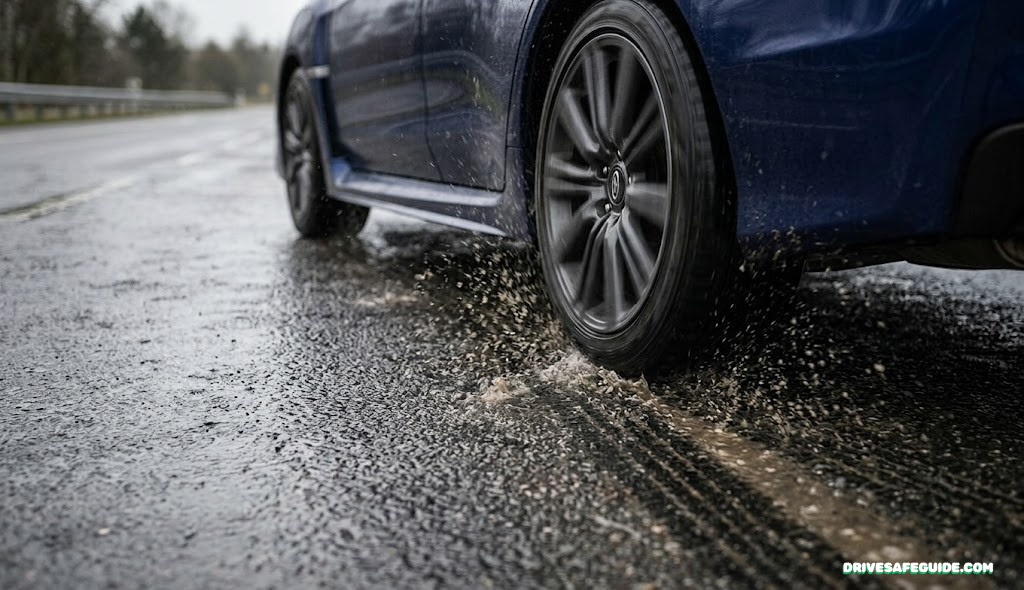 Close-up of car tires losing grip on wet tarmac road with visible skid marks