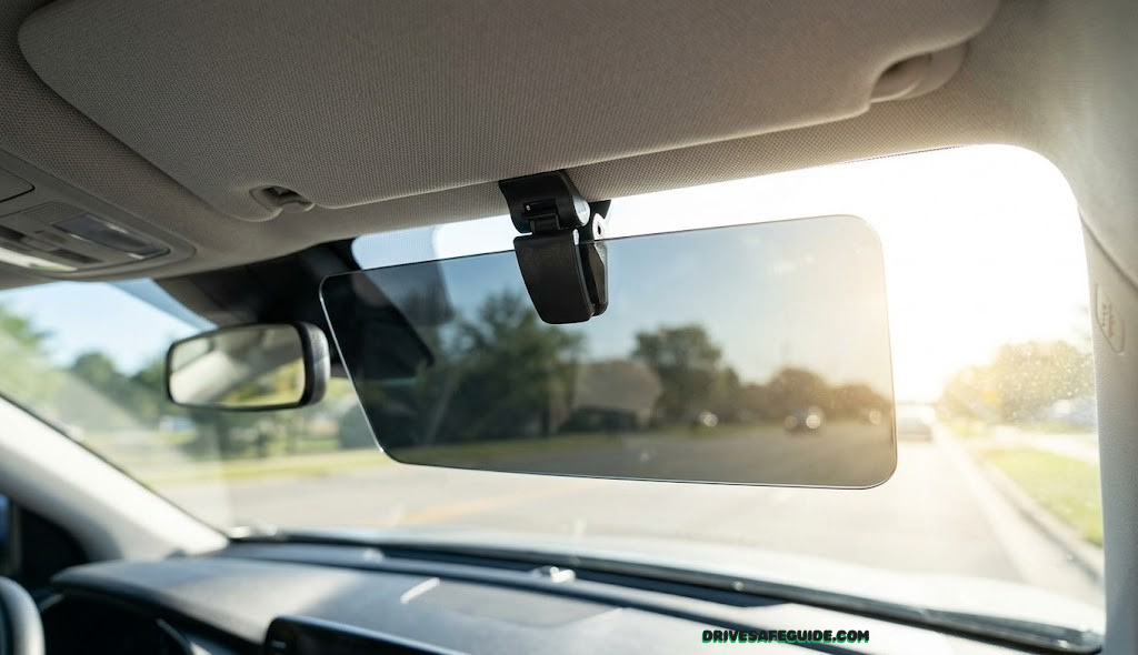 Close-up of polarized sun visor extender clipped to a car's factory visor with bright morning sun through the windshield