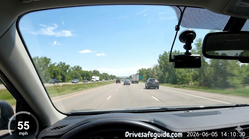 Dashcam mounted on windshield capturing road footage