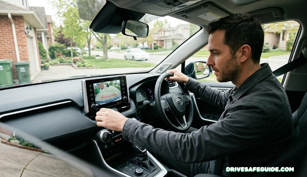 Driver checking a rear backup camera display while reversing a car out of a driveway