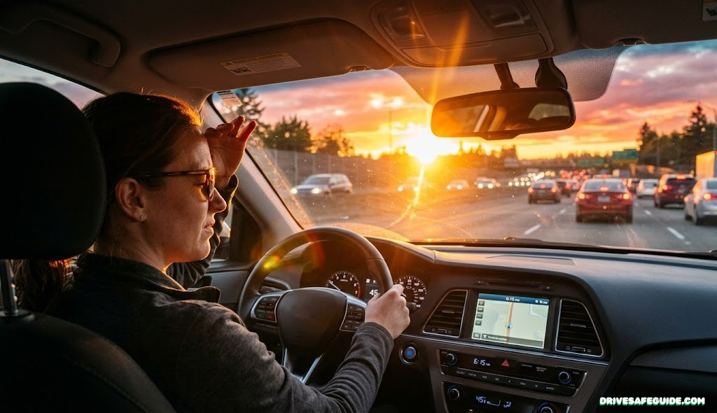 Driver experiencing sun glare through windshield during sunset commute