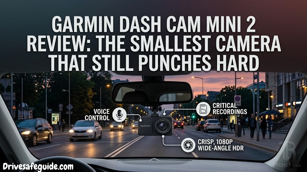 Garmin Dash Cam Mini 2 mounted on windshield — rear view showing small form factor