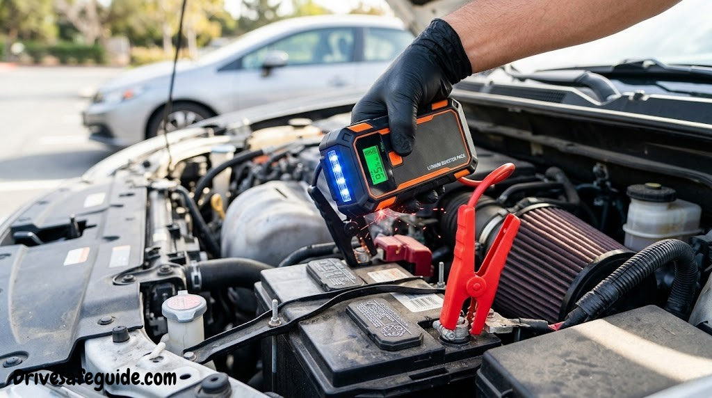 Portable jump starter device — compact lithium booster pack for dead car batteries