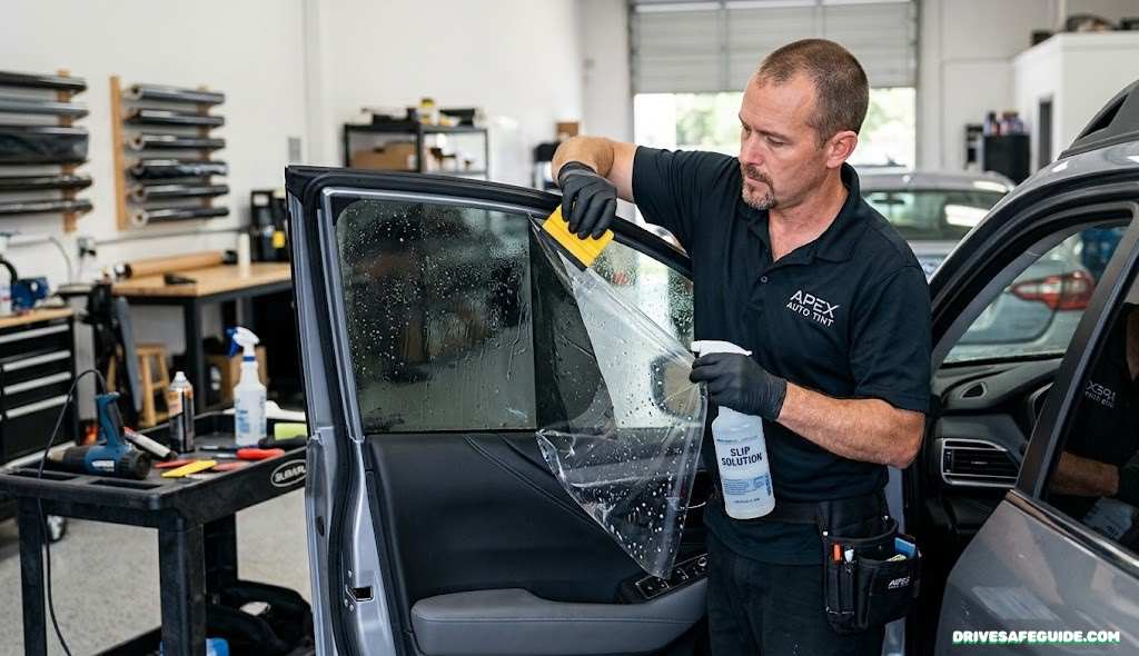 Professional window tint installer applying film to a car door window, showing the layered application process