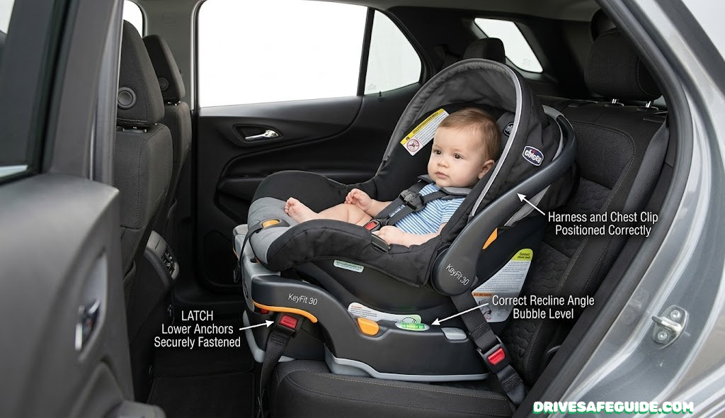 Properly installed rear-facing infant car seat in back seat