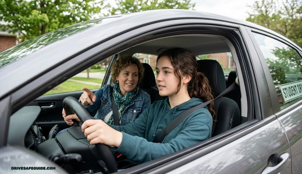 Teen driver at the wheel receiving guidance from a parent, symbolizing graduated licensing