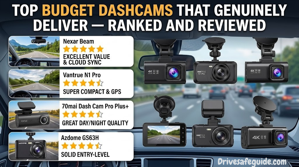Vantrue budget dashcam product shot showing front and rear dual camera setup