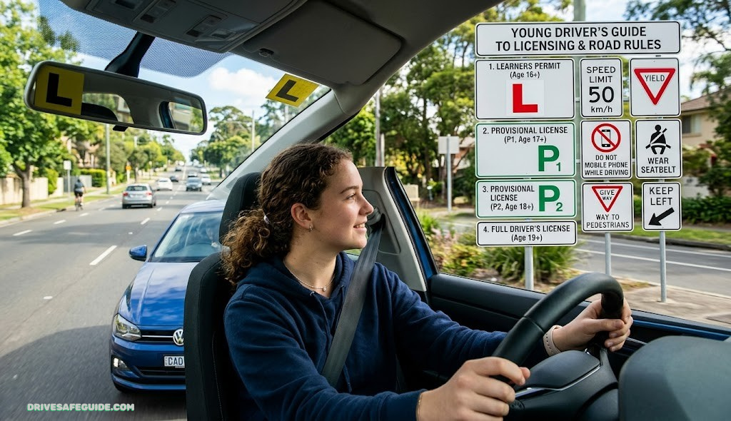Young driver looking at road signs representing licensing stages and traffic law