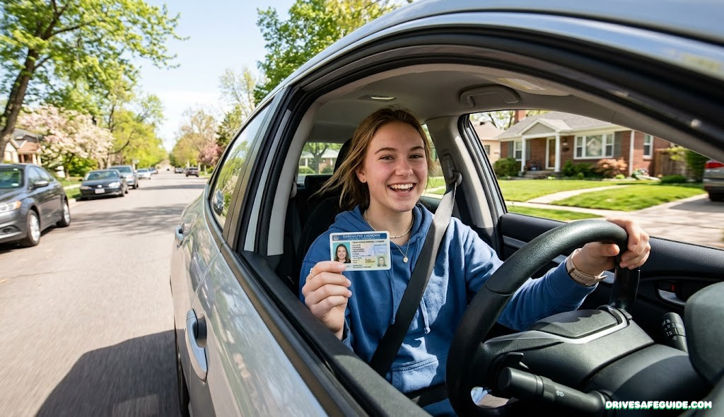 Young new driver at the wheel with a graduated license in hand on a sunny suburban road