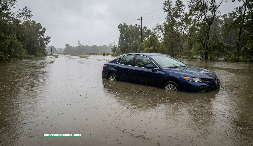 A car partially submerged in floodwater on a low-lying road