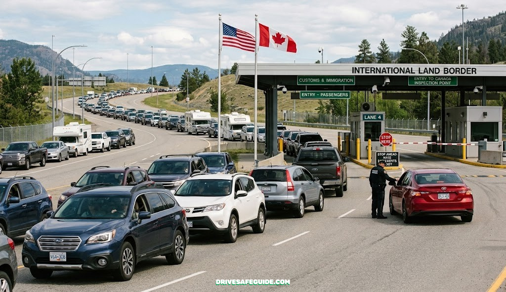 A line of vehicles waiting at an international land border crossing inspection point