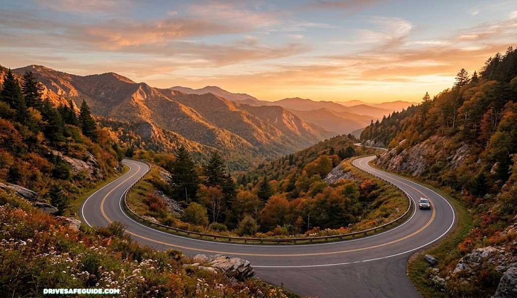 A two-lane scenic byway winding through mountains at golden hour