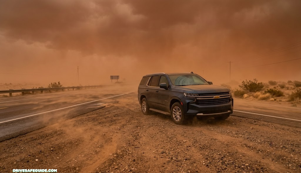 A vehicle safely pulled off the roadway shoulder with lights off during a dust storm