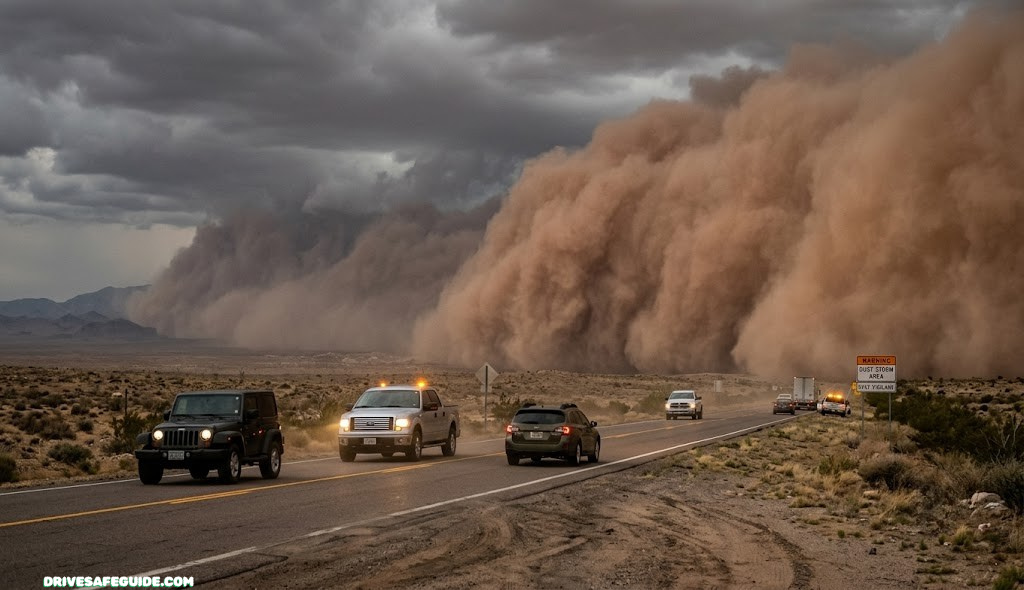 A wall of dust rolling across a desert highway toward oncoming traffic