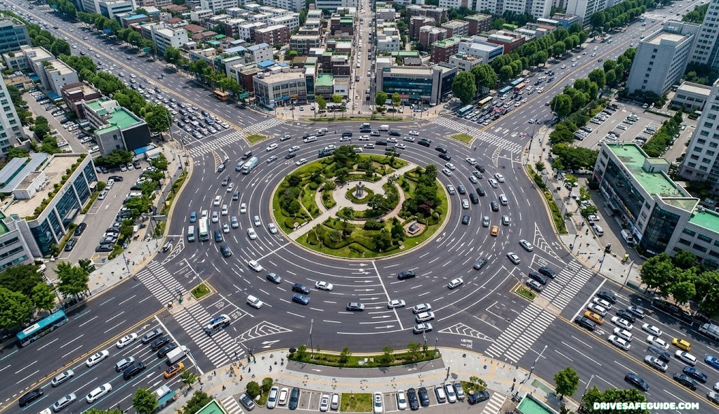 Aerial view of cars navigating a multi-lane roundabout at a busy intersection