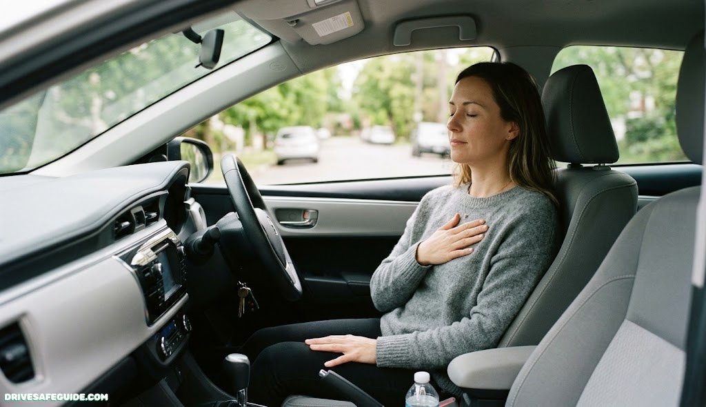 Calm driver practicing breathing technique before starting the car