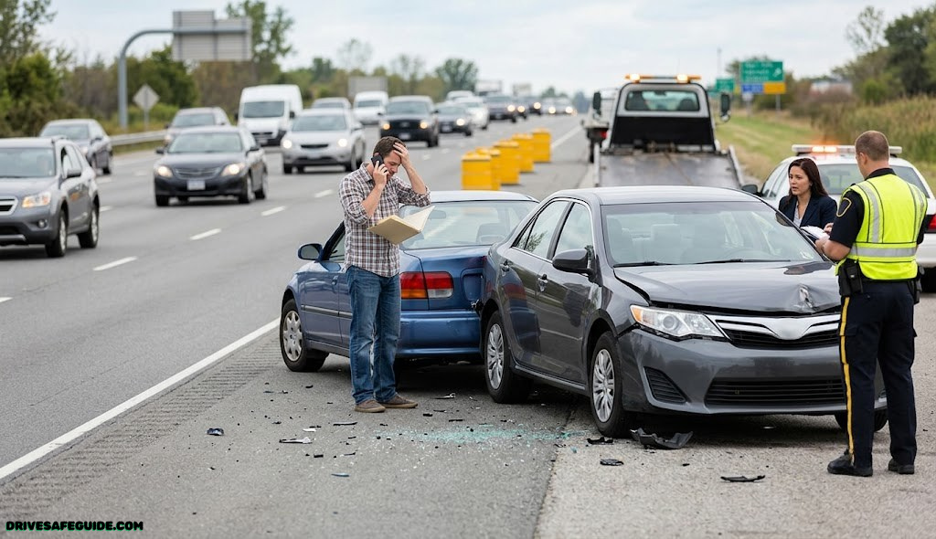 Car accident scene on a highway representing uninsured motorist risk