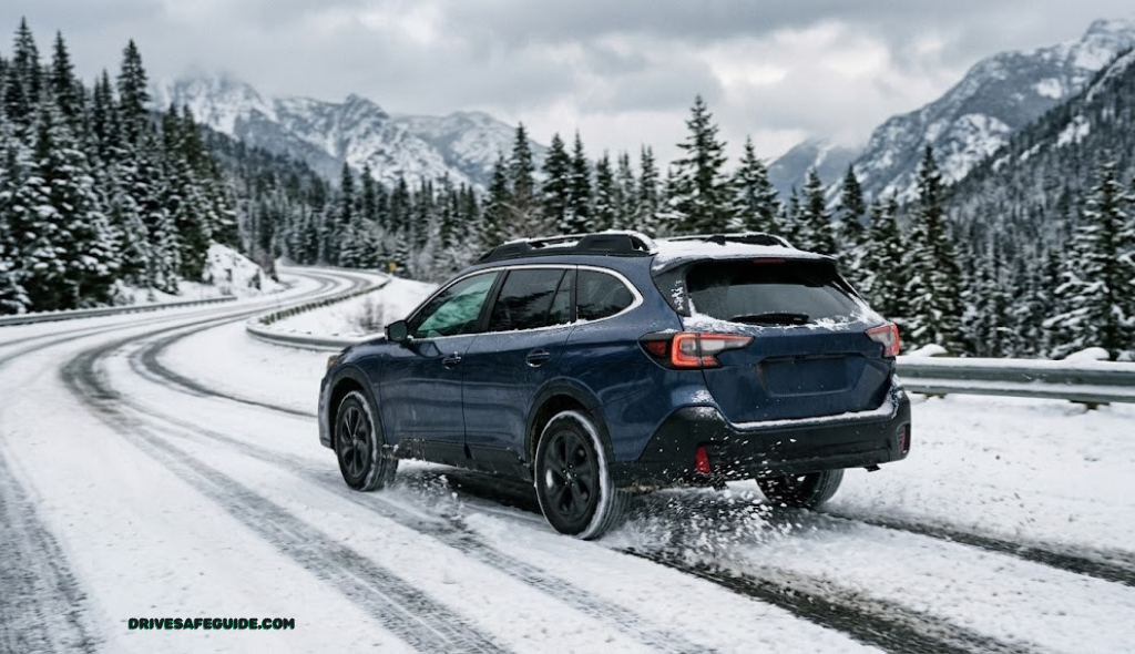 Car driving on a snow-covered mountain road without tire chains