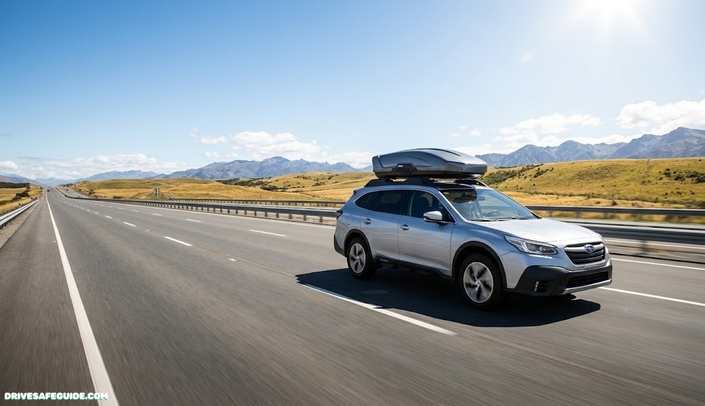 Car driving on open highway with a rooftop cargo carrier mounted on the roof rack