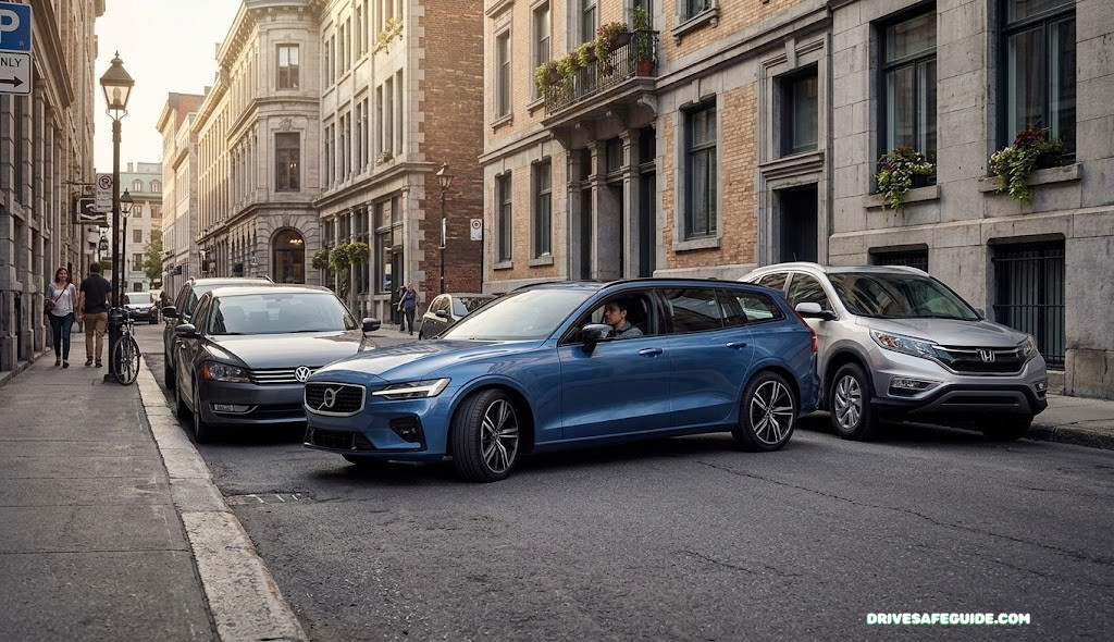 Car easing into a tight curbside parking spot between two other vehicles on a city street