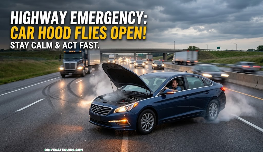 Car hood flying open on a highway illustrating a driving emergency
