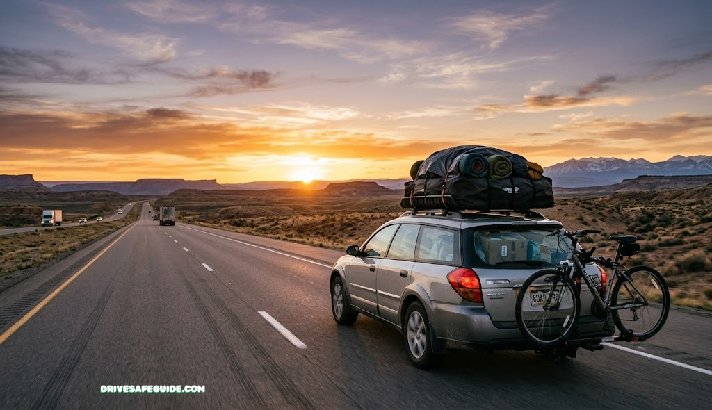 Car packed for a long cross country road trip driving on an open highway at sunset