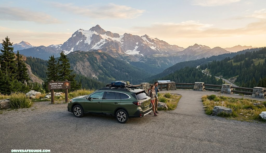Car parked at a national park overlook with mountains in the background