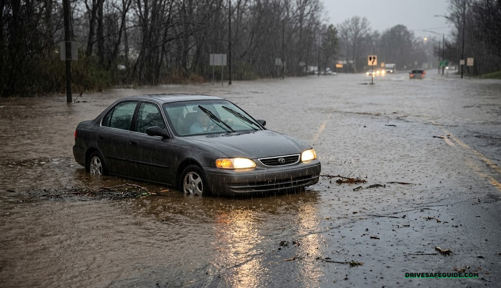 Car partially submerged in floodwater on a flooded roadway during heavy rain