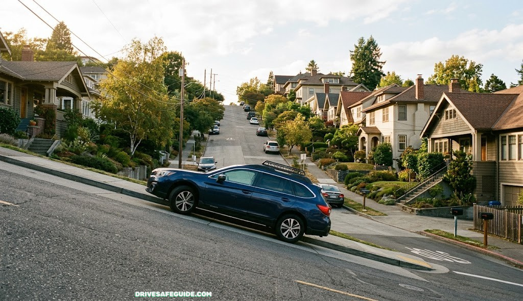 Car stopped facing uphill on a steep residential street
