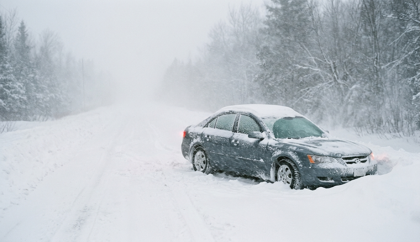 Car stranded on a snow-covered road during a blizzard with whiteout conditions