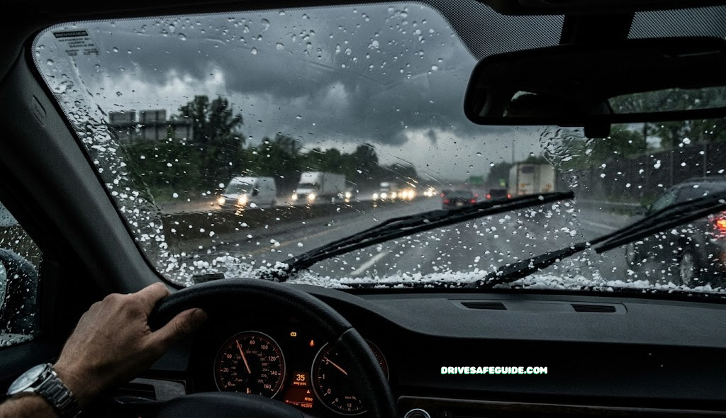 Car windshield covered in hailstones during a storm, viewed from the driver's seat