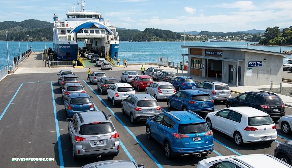 Cars lined up in staging lanes waiting to board a ferry