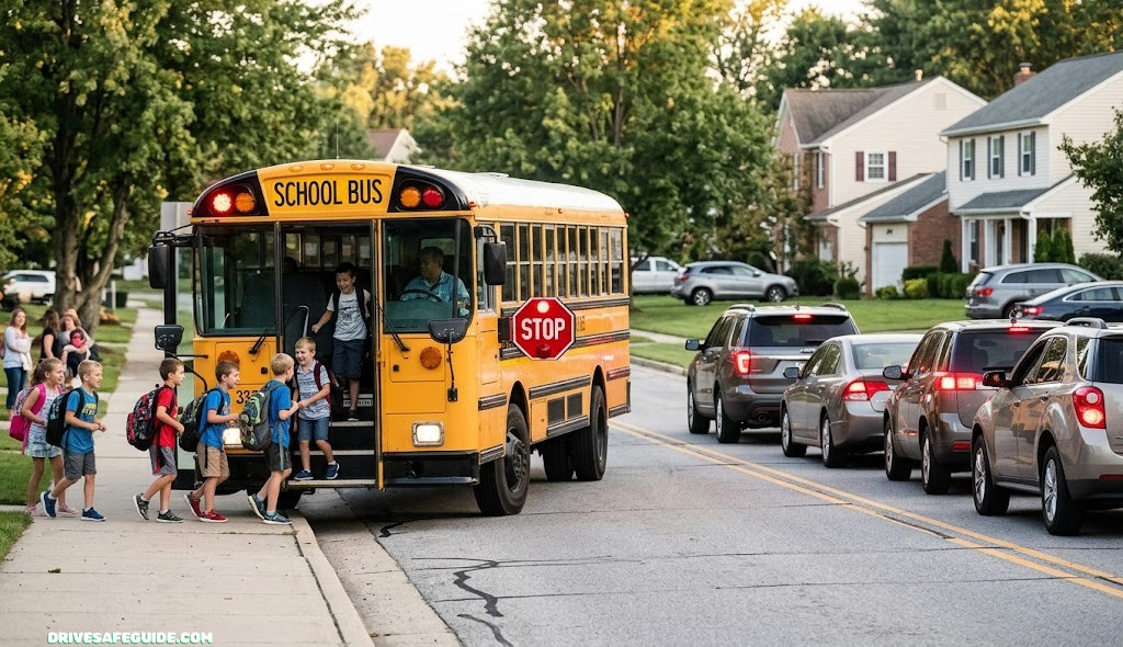 Children boarding a yellow school bus at a suburban stop while several cars wait behind it with their stop lights visible